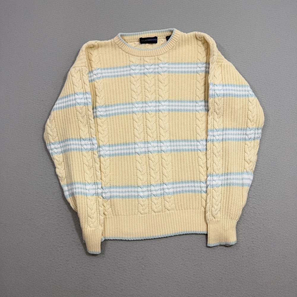 Vintage Claybrooke Sweater Size Medium Yellow Striped Cable Knit Cotton Crewneck